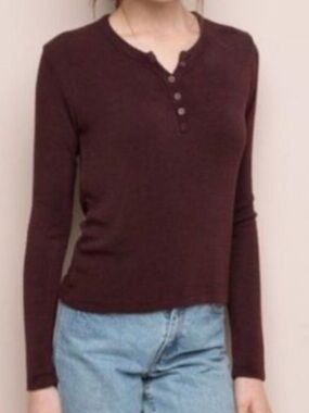 Brandy Melville Burgundy Ribbed Henley Long Sleeve Top